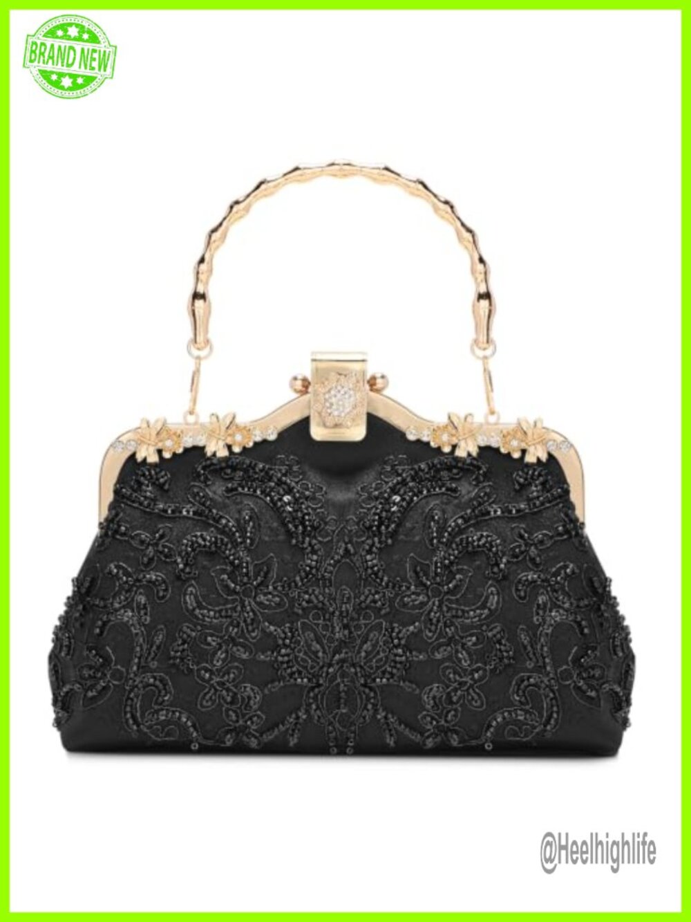 1920s Vintage Beaded Sequin Floral Clutch Evening Bag Kiss Lock Formal Wedding